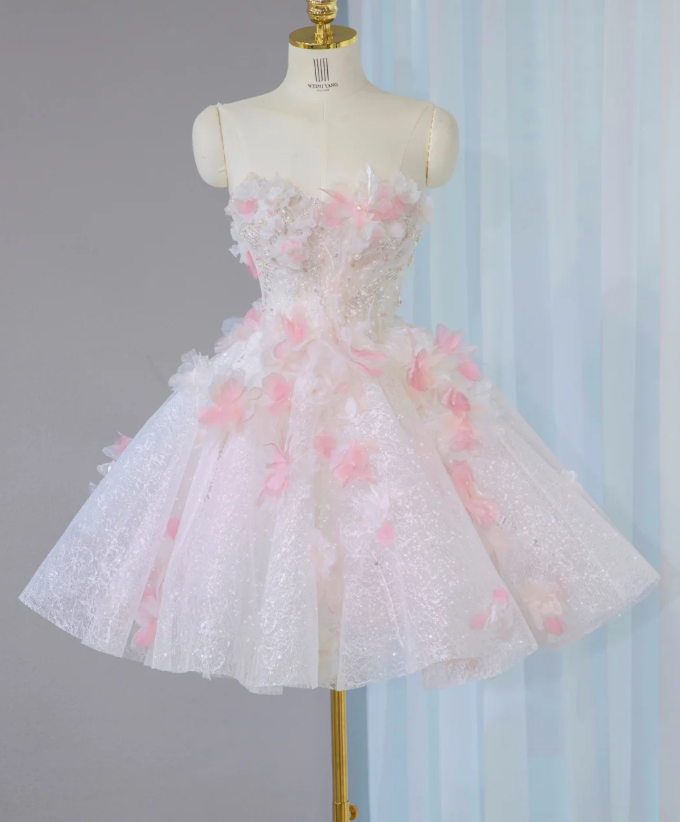 Sweet Pink Strapless Appliques Homecoming Dress A-Line Short Prom Dress - FashionDia