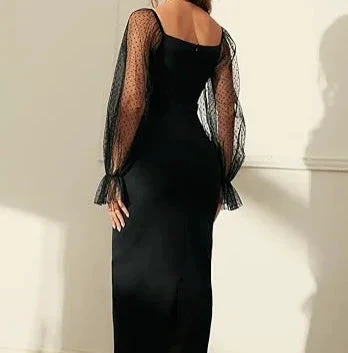 Women Elegant Lantern Sleeve Mesh Patchwork Midi Formal Party Dress Black Short Homecoming Dress (ZD12584)