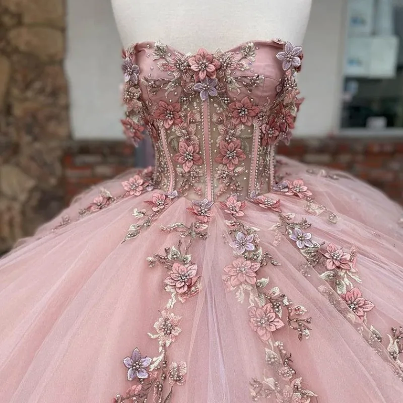 Pink Tulle Floral Appliques Ball Gown Sweet 16 Dress Y527 - View 2 | VelvetHem