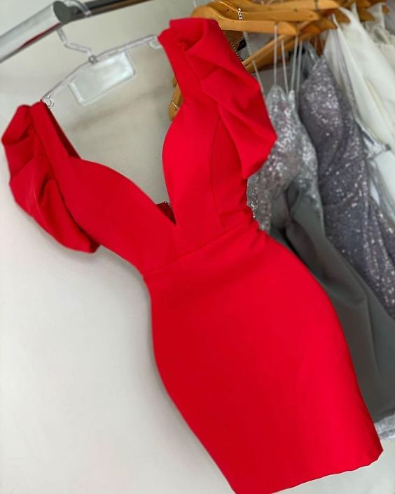Elegant Red V-Neck Party Dress Red Homecoming Dress - FashionDia