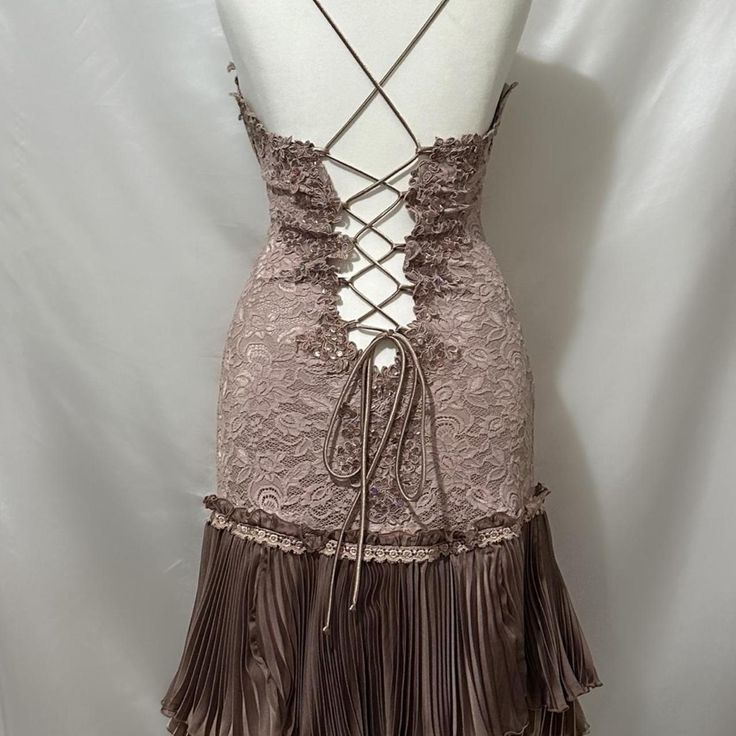 Brown Vintage Lace Beading Pleated Birthday Party Dress Short Homecoming Dress - View 8 | FashionDia