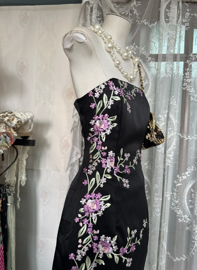 Vintage Black Strapless Satin Sheath Long Evening Dress Formal Birthday Party Gown