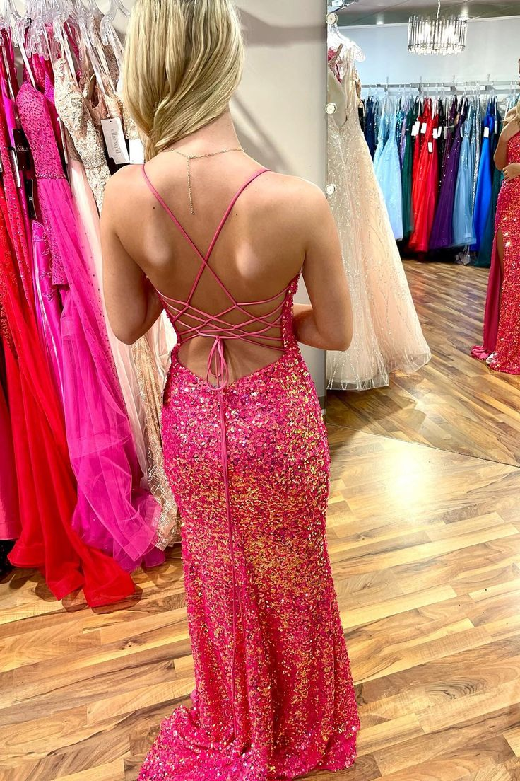 Hot Pink Mermaid Lace-Up Back Scoop Neck Long Prom Dress with Slit - View 2 | FashionDia