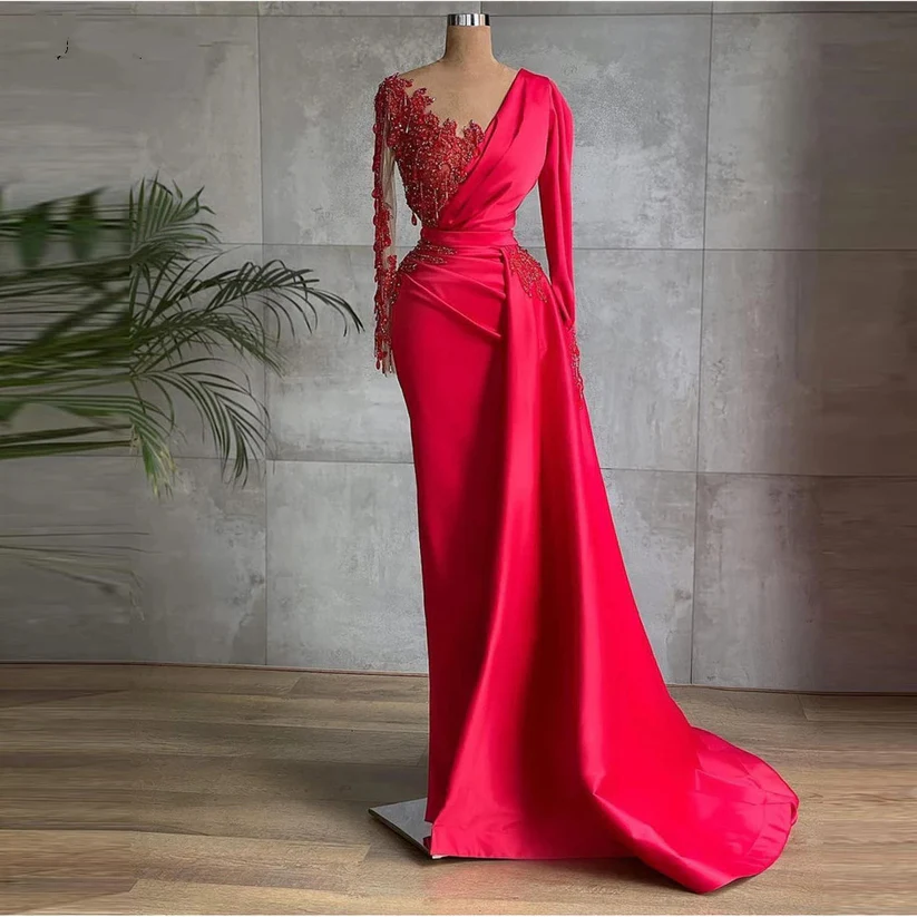 Long Red Satin Evening Dresses Sheer Neckline Long Sleeve Beaded African High Slit Women Formal Prom Dress S24678 - View 3 | VelvetHem