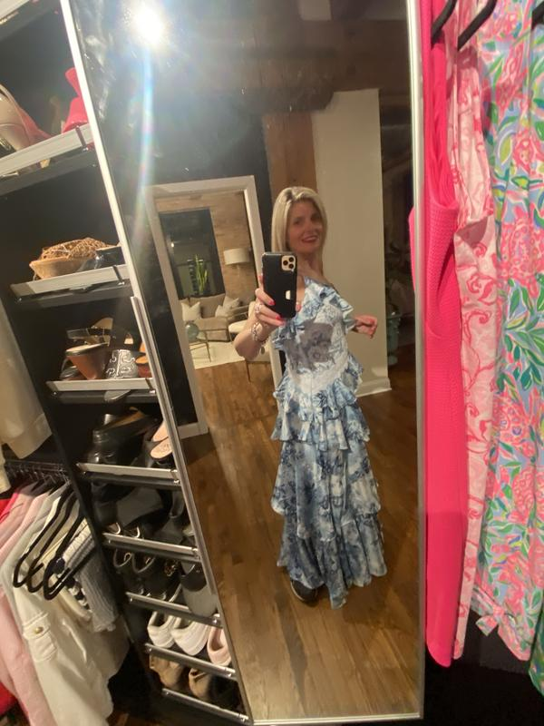 Vintage Blue Satin Print Tiered Ruffles A-Line party Dress,Spaghetti Straps Prom Evening Dress - View 4 | FashionDia
