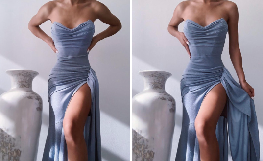 Mermaid Long Evening Dress Blue Elegant Slit Sleeveless Train Zip Prom Party Dress - View 3 | FashionDia