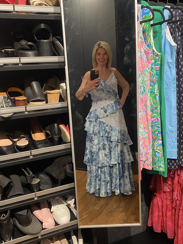 Vintage Blue Satin Print Tiered Ruffles A-Line party Dress,Spaghetti Straps Prom Evening Dress - View 6 | FashionDia
