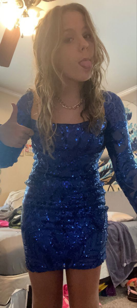 Sequin Long Sleeve Bodycon Dress Sexy Blue Homecoming Dress - FashionDia