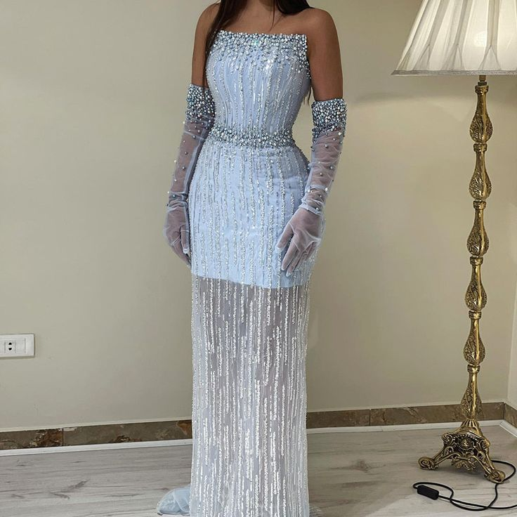 Light Blue Pearls Luxury Dubai Evening Dresses Elegant Strapless Formal Prom Gowns - FashionDia