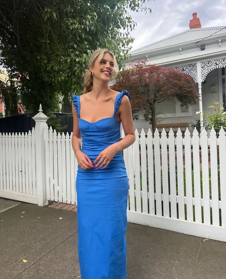 Elegant Blue Sheath Pleated Prom Dress Long Party Evening Dress - FashionDia