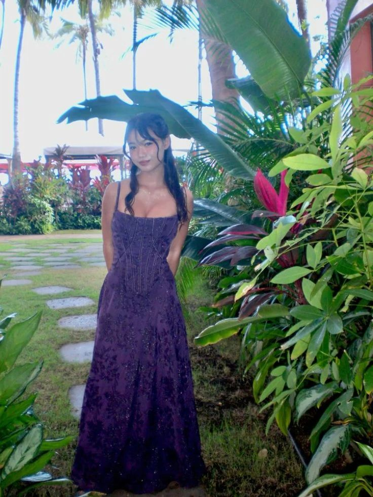 Charming Spaghetti Straps Purple Lace Print Floral A Line Long Wedding Guest Dress Formal Birthday Party Dress
