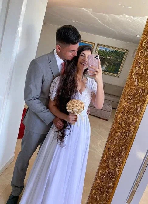 Elegant White Short Sleeves Long Wedding Dress,White Bridal Gown Y7225 by simplepromdress