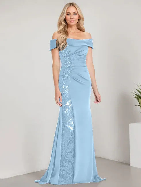 A-Line Off-the-Shoulder Floor-Length Mother of the Bride Dress Applique Beadings Mermaid Dress With High Split - View 5 | FashionDia