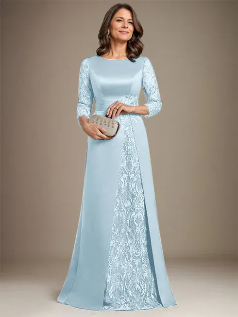 A-Line Scoop Floor-Length Lace Satin Mother Of the Bride Dress With Applique - View 10 | FashionDia