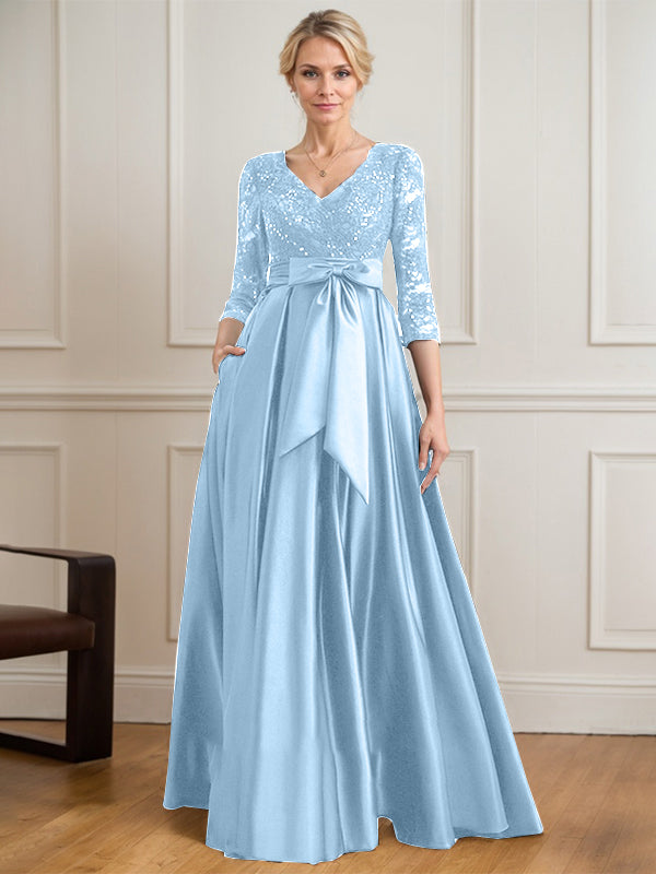 A-line V-Neck Floor-Length Satin Lace Mother of the Bride Dress With Sequins Bow - View 13 | FashionDia