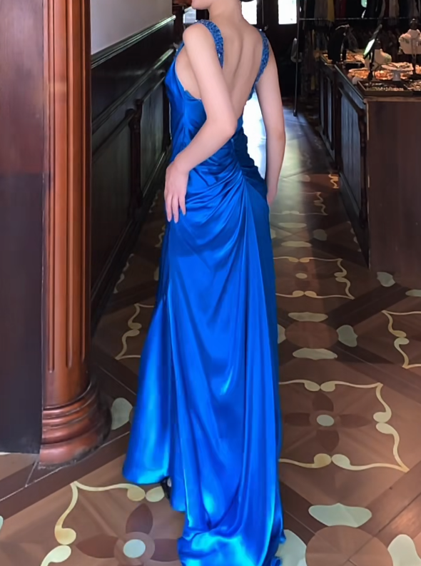 Backless Blue Satin Backless Prom Dress V-Neck Evening Dress