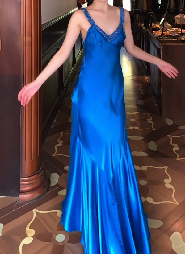 Backless Blue Satin Backless Prom Dress V-Neck Evening Dress