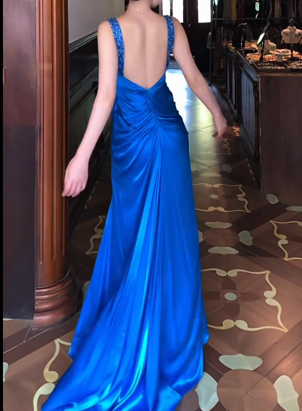 Backless Blue Satin Backless Prom Dress V-Neck Evening Dress