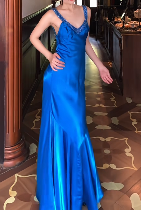 Backless Blue Satin Backless Prom Dress V-Neck Evening Dress