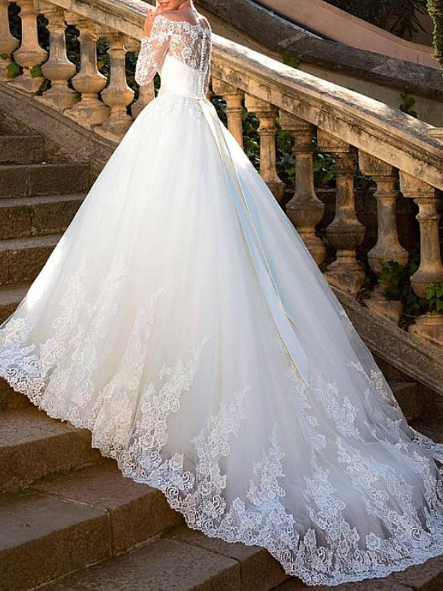 Ball Gown A-Line Wedding Dresses Off Shoulder Lace Tulle Long Sleeve Bridal Gowns Formal See-Through Court Train