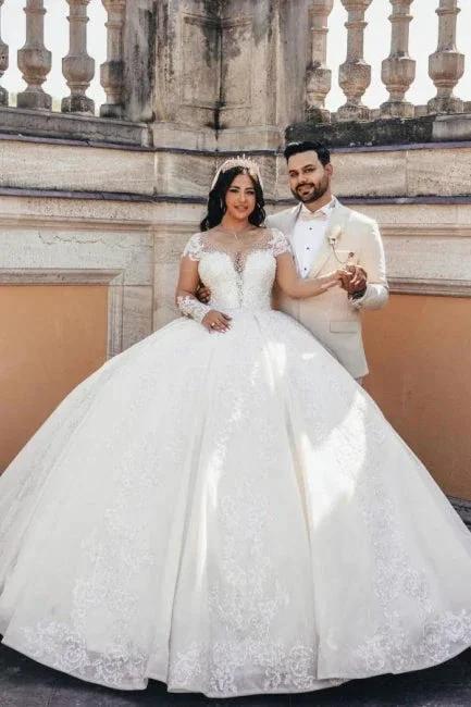 Ball Gown Floor-Length Stain Long Sleeve Appliques Sweetheart Tulle Wedding Dresses with Beadings (ZD15738) - View 2 | VelvetHem