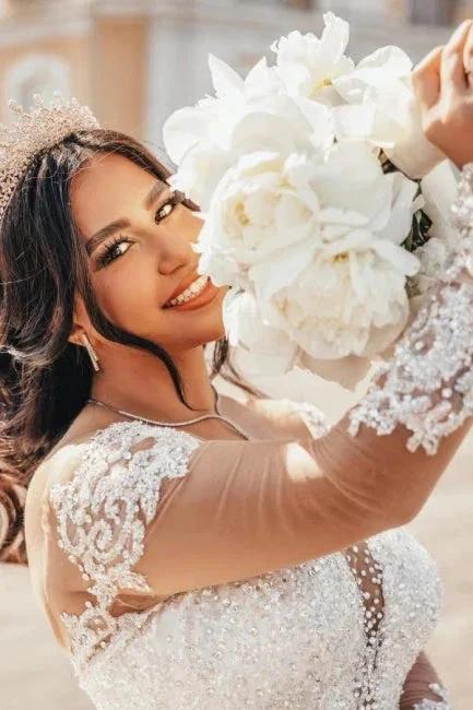 Ball Gown Floor-Length Stain Long Sleeve Appliques Sweetheart Tulle Wedding Dresses with Beadings (ZD15738)