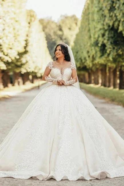 Ball Gown Floor-Length Stain Long Sleeve Appliques Sweetheart Tulle Wedding Dresses with Beadings (ZD15738)
