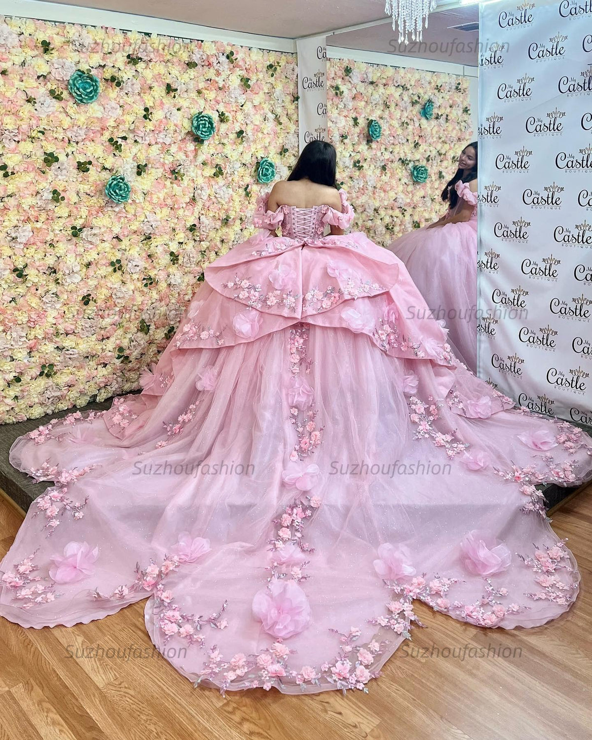 Ball Gown Off Shoulder Ruched Pleated 3D Flowers Appliques Glitter Pink Tulle Quinceanera Dress Princess Birthday Party Dress For Sweet 16