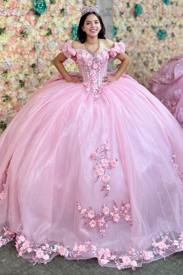 Ball Gown Off Shoulder Ruched Pleated 3D Flowers Appliques Glitter Pink Tulle Quinceanera Dress Princess Birthday Party Dress For Sweet 16