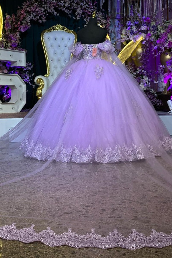 Ball Gown Off Shoulder Sleeveless 3D Flowers Beaded Appliques Shawl Lilac Tulle Quinceanera Dress Birthday Party Dress Evening Formal Gown