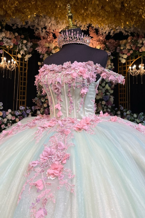Ball Gown Off Shoulder Sleeveless 3D Pink Flowers Pleated Sparkly Tulle Quinceanera Dress Birthday Party Dress For Sweet 16
