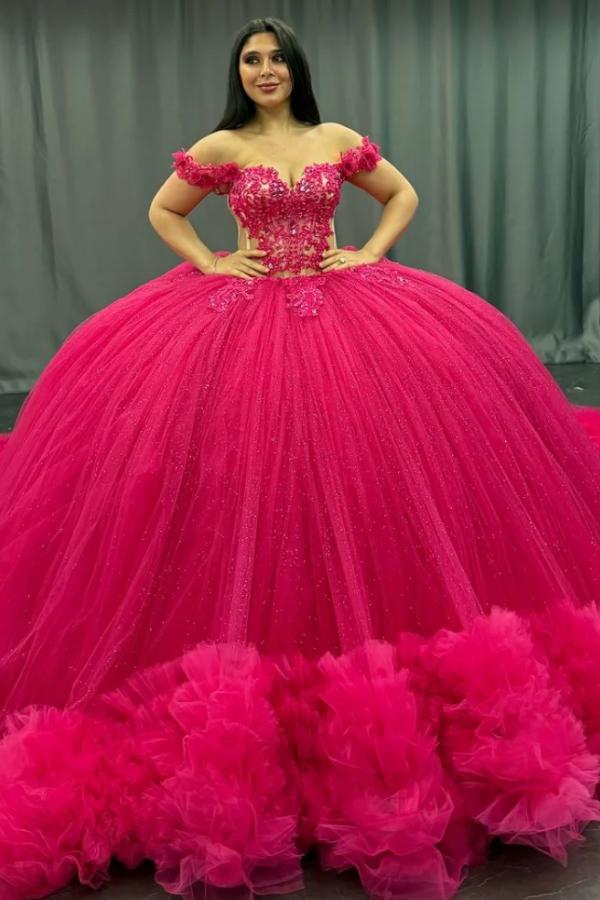 Ball Gown Off Shoulder Sleeveless Appliques Beaded Pleated Glitter Hot Pink Tulle Quinceanera Dress Birthday Party Dress