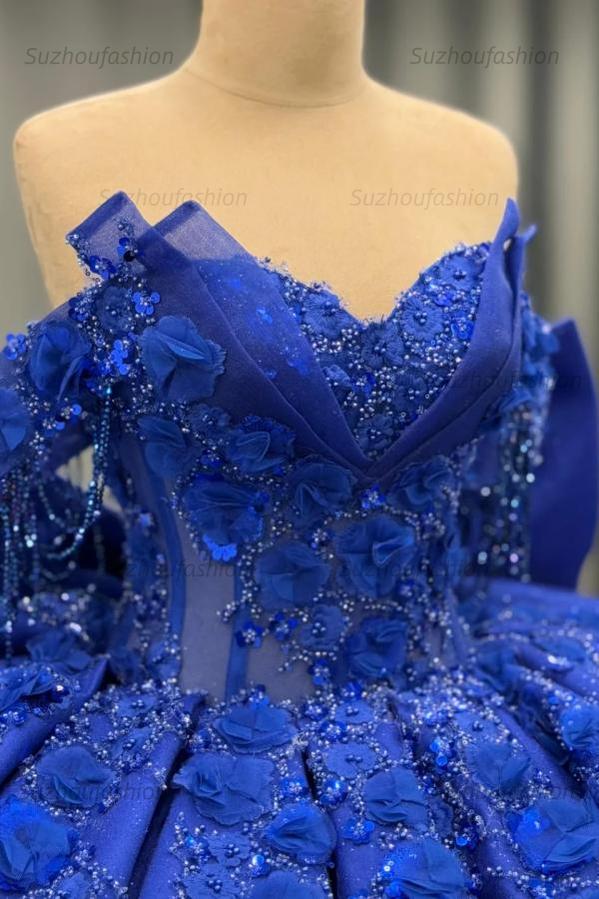 Ball Gown Off Shoulder Sleeveless Beaded 3D Flower Appliques Bow Knot Glitter Royal Blue Satin Quinceanera Dress Evening Party Dress For Sweet 16
