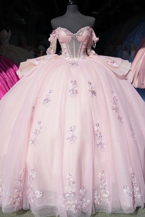 Ball Gown Off Shoulder Sleeveless Beaded Crystal Appliques Pleated Baby Pink Tulle Quinceanera Dress Birthday Party Dress For Sweet 16