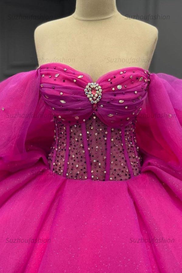 Ball Gown Off Shoulder Sleeveless Beaded Crystal Pleated Lace Up Bow Knot Corset Sparkly Fuchsia Tulle Quinceanera Dress Birthday Party Gown For Sweet 16