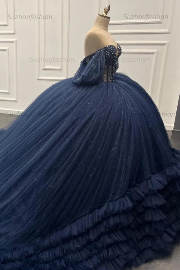 Ball Gown Off Shoulder Sleeveless Beaded Crystal Pleated Sequins Ruffles Tiered Lace Up Sparkly Dark Navy Tulle Quinceanera Dress Formal Evening Party Gown For Sweet 16