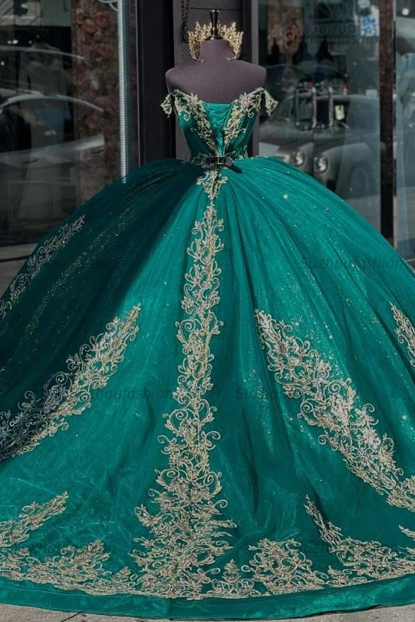 Ball Gown Off Shoulder Sleeveless Beaded Gold Appliques Lace Up Detachable Dress Sparkly Dark Green Tulle Quinceanera Dress Formal Evening Gown For Sweet 16