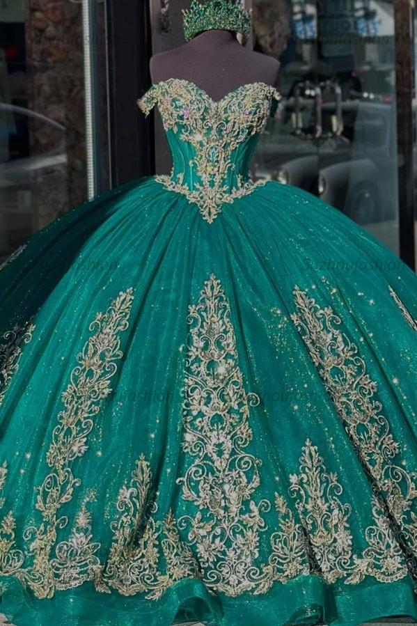 Ball Gown Off Shoulder Sleeveless Beaded Gold Appliques Lace Up Detachable Dress Sparkly Dark Green Tulle Quinceanera Dress Formal Evening Gown For Sweet 16