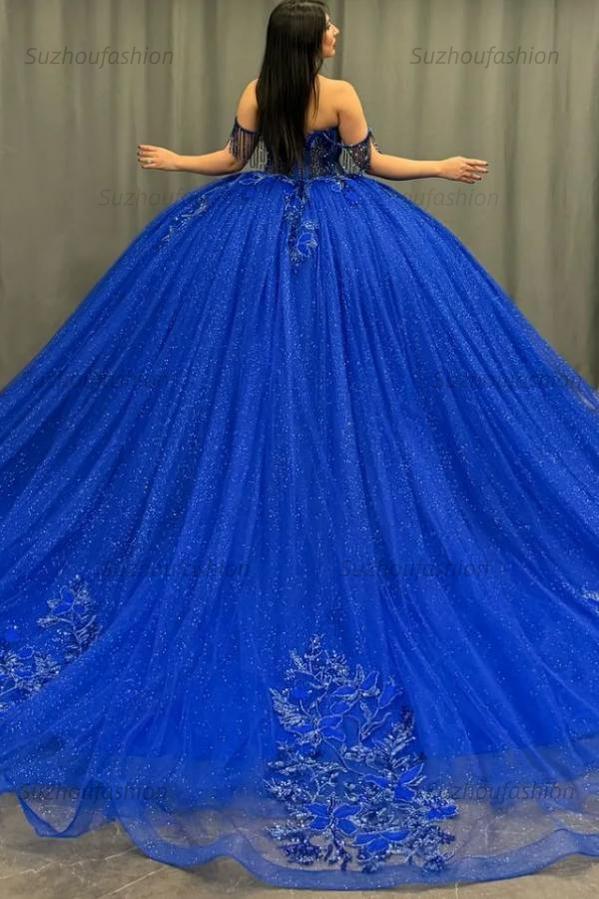 Ball Gown Off Shoulder Sleeveless Beaded Pleated Appliques Lace Up Royal Blue Tulle Quinceanera Dress Formal Evening Gown Birthday Party Dress For Sweet 16