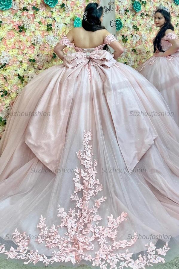 Ball Gown Off Shoulder Sleeveless Fully Appiques Crystal Pleated Lace Up Big Bow Knot Light Pink Tulle Quinceanera Dress Birthday Party Dress Formal Evening Gown For Sweet 16