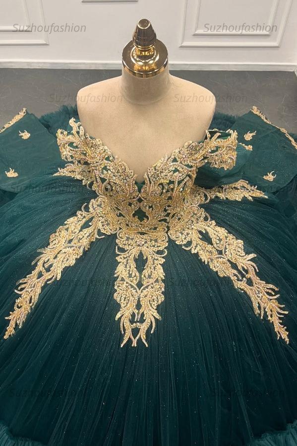 Ball Gown Off Shoulder Sleeveless Gold Appliques Ruffles Tiered Bow Knot Lace Up Sparkly Dark Green Tulle Quinceanera Dress Formal Evening Party Dress For Sweet 16