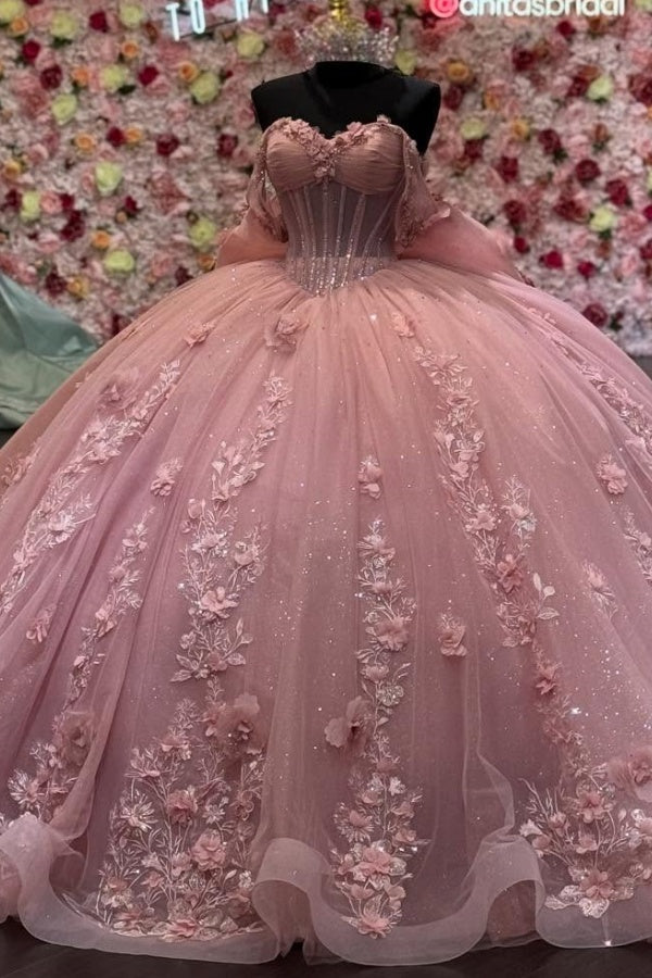 Ball Gown Off Shoulder Sleeveless Pleated 3D Flowers Applique Bow Knot Sparkly Pink Tulle Quinceanera Dress Birthday Party Dress Evening Formal Gown For Sweet 16