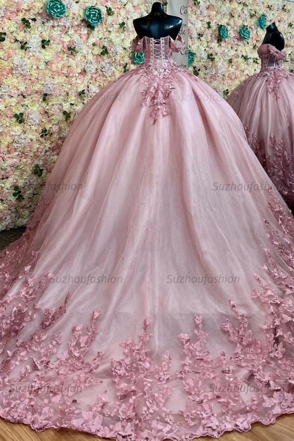 Ball Gown Off Shoulder Sleeveless Pleated Appliques Crystal Beaded Lace Up Pink Tulle Quinceanera Dress Birthday Party Dress Evening Formal Gown For Sweet 16
