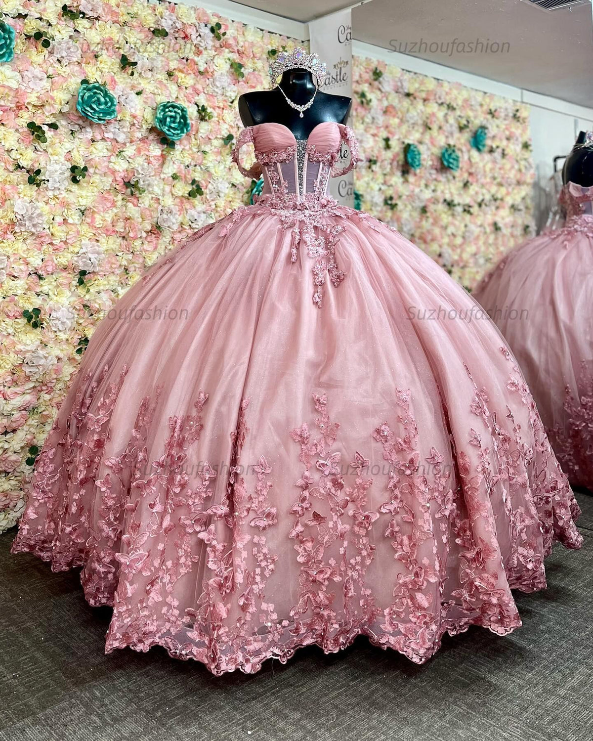 Ball Gown Off Shoulder Sleeveless Pleated Appliques Crystal Beaded Lace Up Pink Tulle Quinceanera Dress Birthday Party Dress Evening Formal Gown For Sweet 16