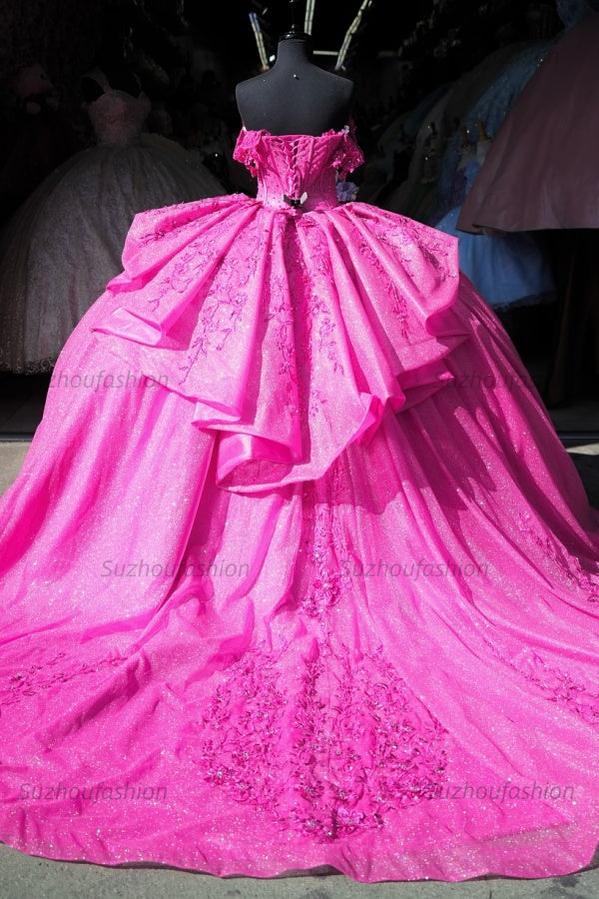 Ball Gown Off Shoulder Sleeveless Pleated Beaded Appliques Lace Up Fuchsia Tulle Quinceanera Dress Birthday Party Dress For Sweet 16
