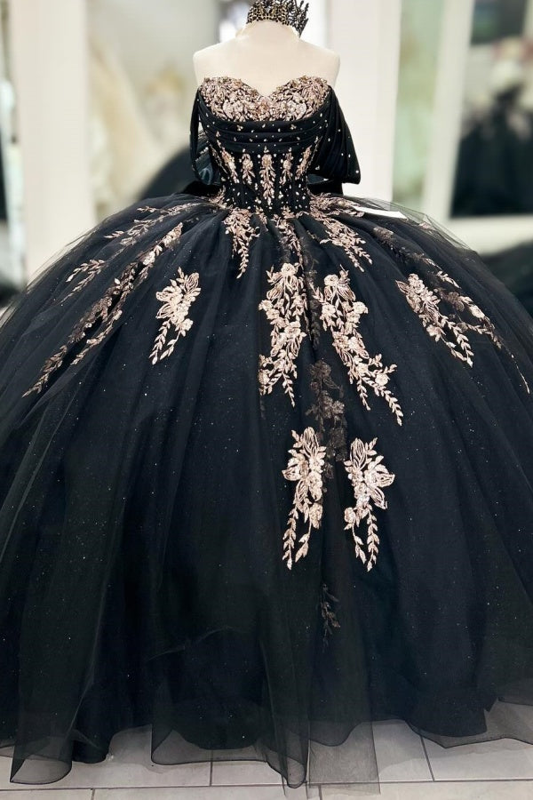 Ball Gown Off Shoulder Sleeveless Pleated Beaded Gold Appliques Bow Knot Lace Up Balck Tulle Quinceanera Dress Birthday Party Dress For Sweet 16