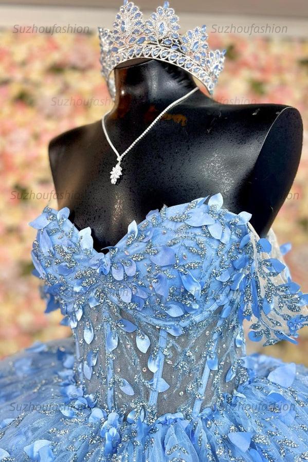 Ball Gown Off Shoulder Sleeveless Pleated Beaded Sequins 3D Flower Appliques Lace Up Glitter Sky Blue Tulle Quinceanera Dress Birthday Party Dress For Sweet 16