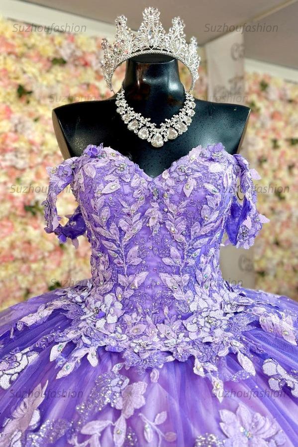 Ball Gown Off Shoulder Sleeveless Sequins Appliques Lace Up Sparkly Purple Tulle Quinceanera Dress Birthday Party Dress For Sweet 16