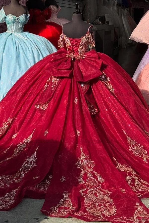 Ball Gown Off Shoulder Sleeveless Spaghetti Straps Beaded Crystal Gold Appliques Red Tulle Quinceanera Dress Birthday Party Gown