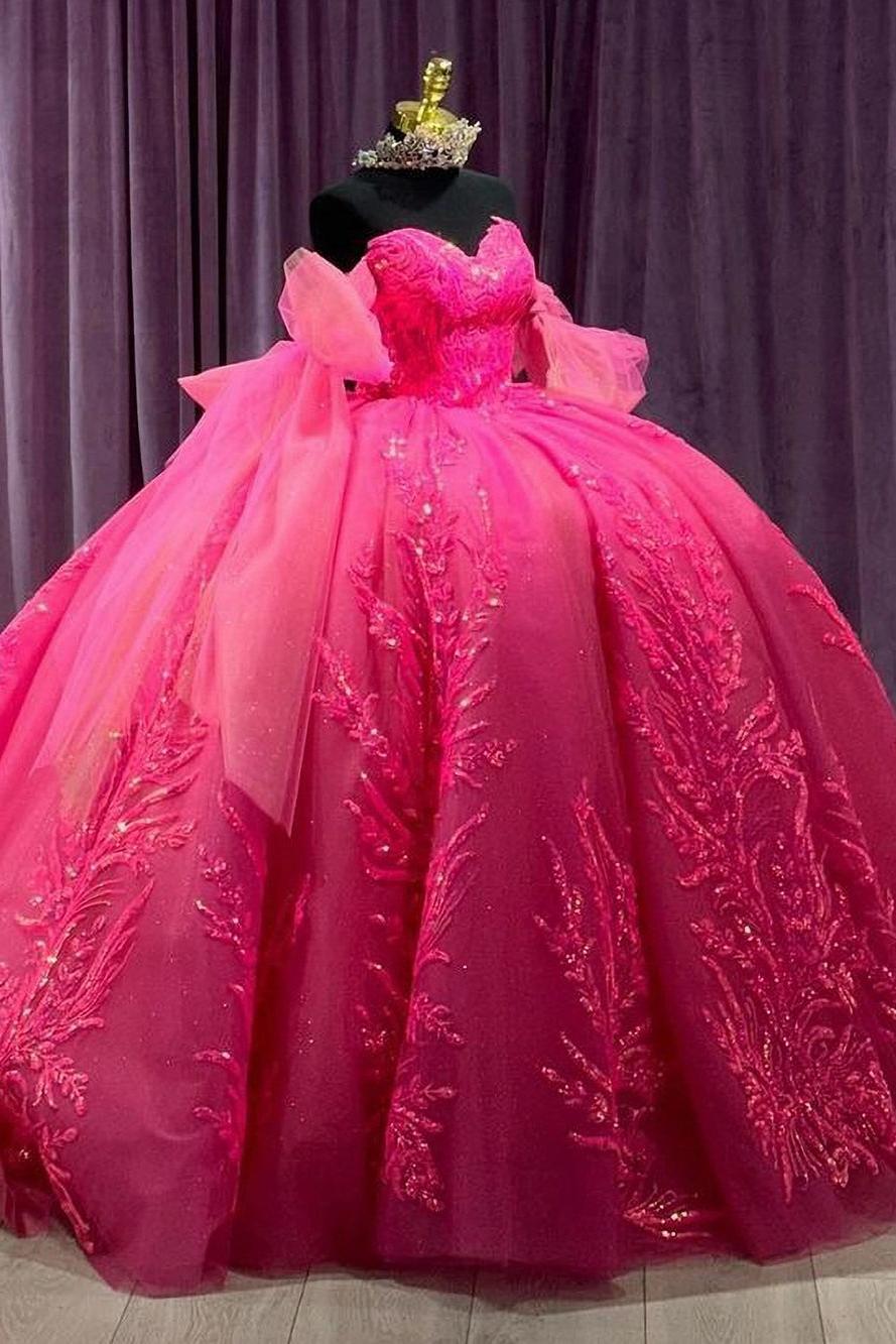 Ball Gown Off Shoulder Sweetheart Long Sleeves Lace Appliques Beaded Hot Pink Tulle Quinceanera Dress Princess Party Gown For Sweet 16
